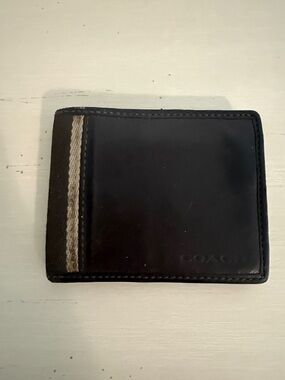 Coach Black Leather Money Clip Wallet with Tan Stripe Accent